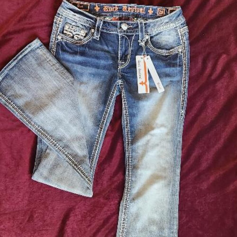 ROCK REVIVAL Womens Stone Washed Style: FAUX Boot Denim Jeans SZ 28/Inseam 33 in